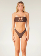 Strapless bandeau bikini top with front cutouts and side boning in brown
