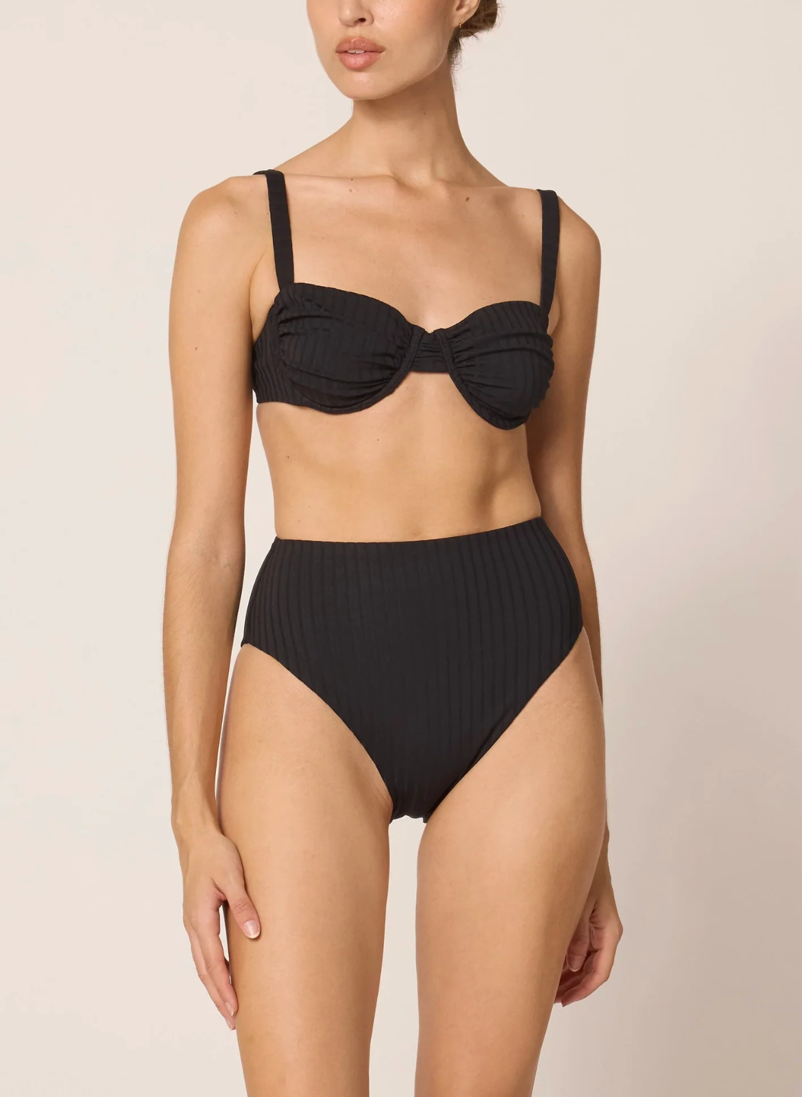 Ribbed black underwire top with adjustable straps