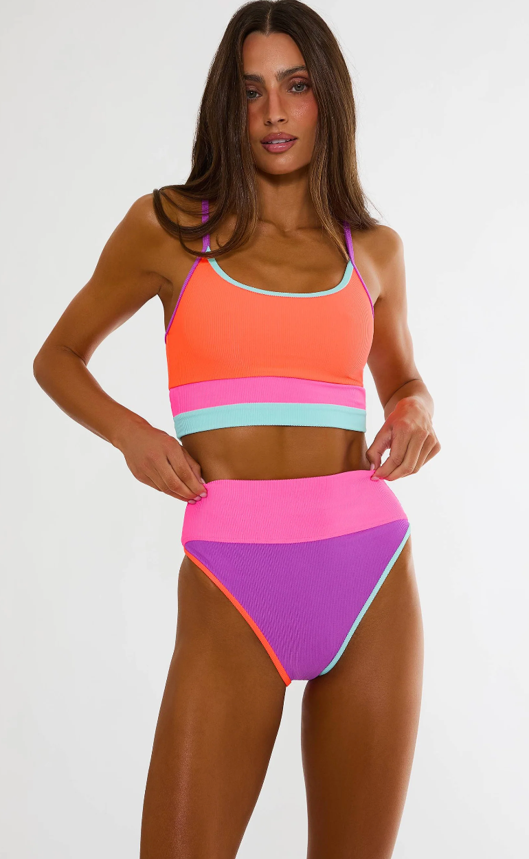 Colorful bikini bottom with ribbed fabric and a high waist fit