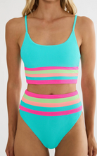High waist bikini bottom in light blue with colorful stripes