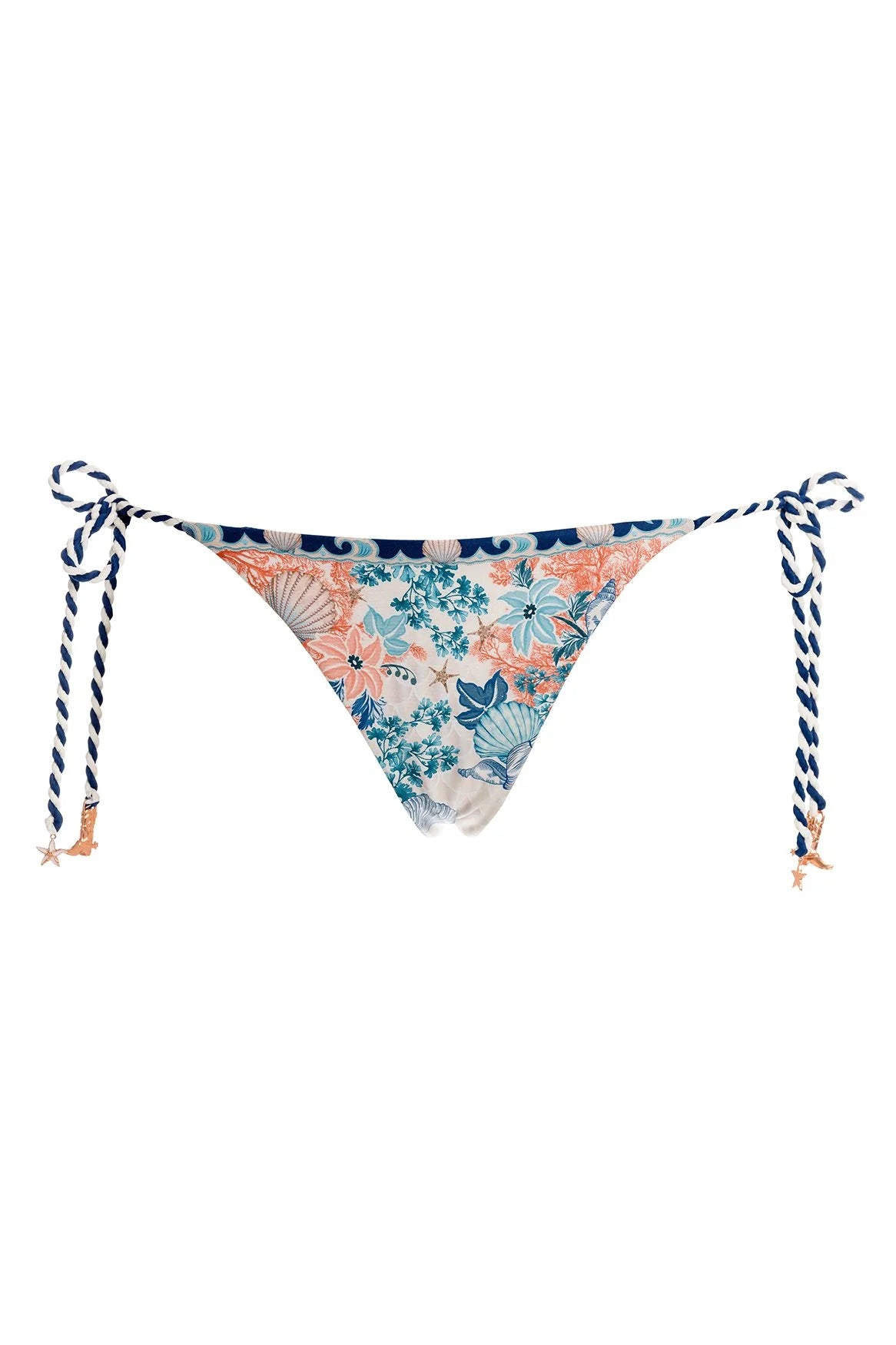 Tie side bottom with a ruched back featuring colorful sea inspired print