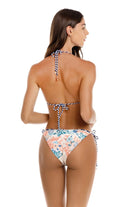 Embroidered triangle top with beaded details and multicolor print