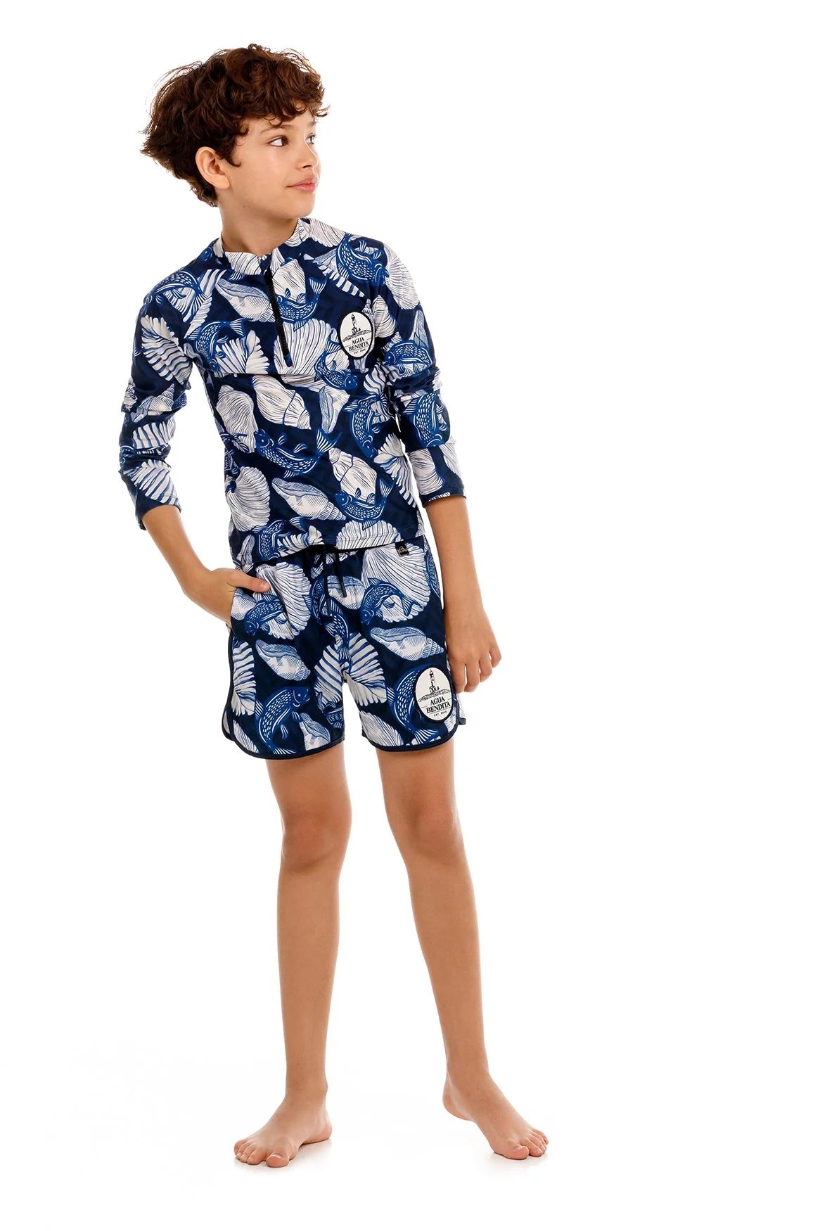 Boys swim trunks in a blue sea inspired print