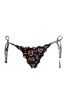 Tie side bottom with ruffled edges in black with floral print