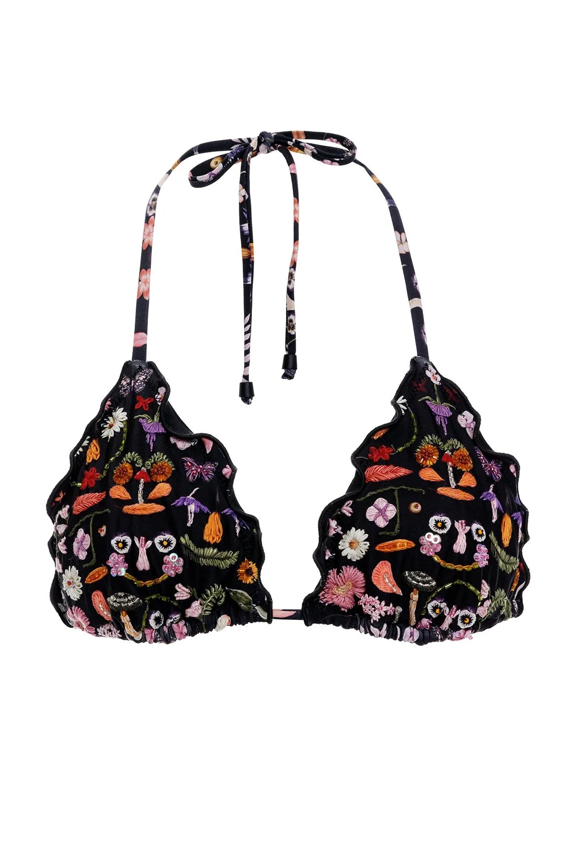 Adjustable triangle top with ruffled edges and a tie around the neck. Featuring floral print and beaded embellishment.