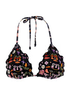 Adjustable triangle top with ruffled edges and a tie around the neck. Featuring floral print and beaded embellishment.