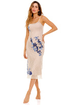 Open mesh midi dress that's fully lined and adorned with blue floral embroidery