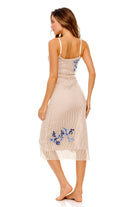 Open mesh midi dress that's fully lined and adorned with blue floral embroidery