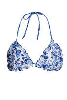 Adjustable triangle top with ruffled edges and embroidered floral print in blue and white