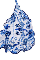 Adjustable triangle top with ruffled edges and embroidered floral print in blue and white