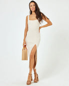 Ribbed cotton midi dress with high side leg slit