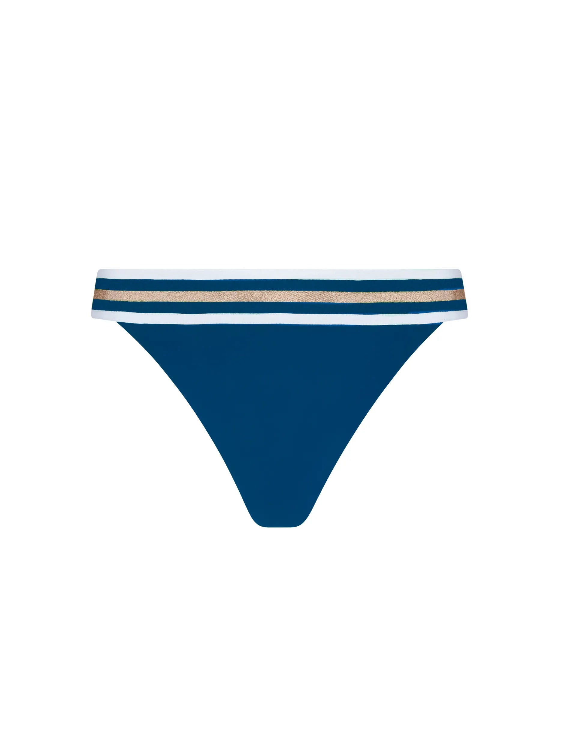 Low waist bikini bottom in blue with striped waistband 