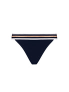 Low waist bottom in navy blue with gold and white stripes on the waist band