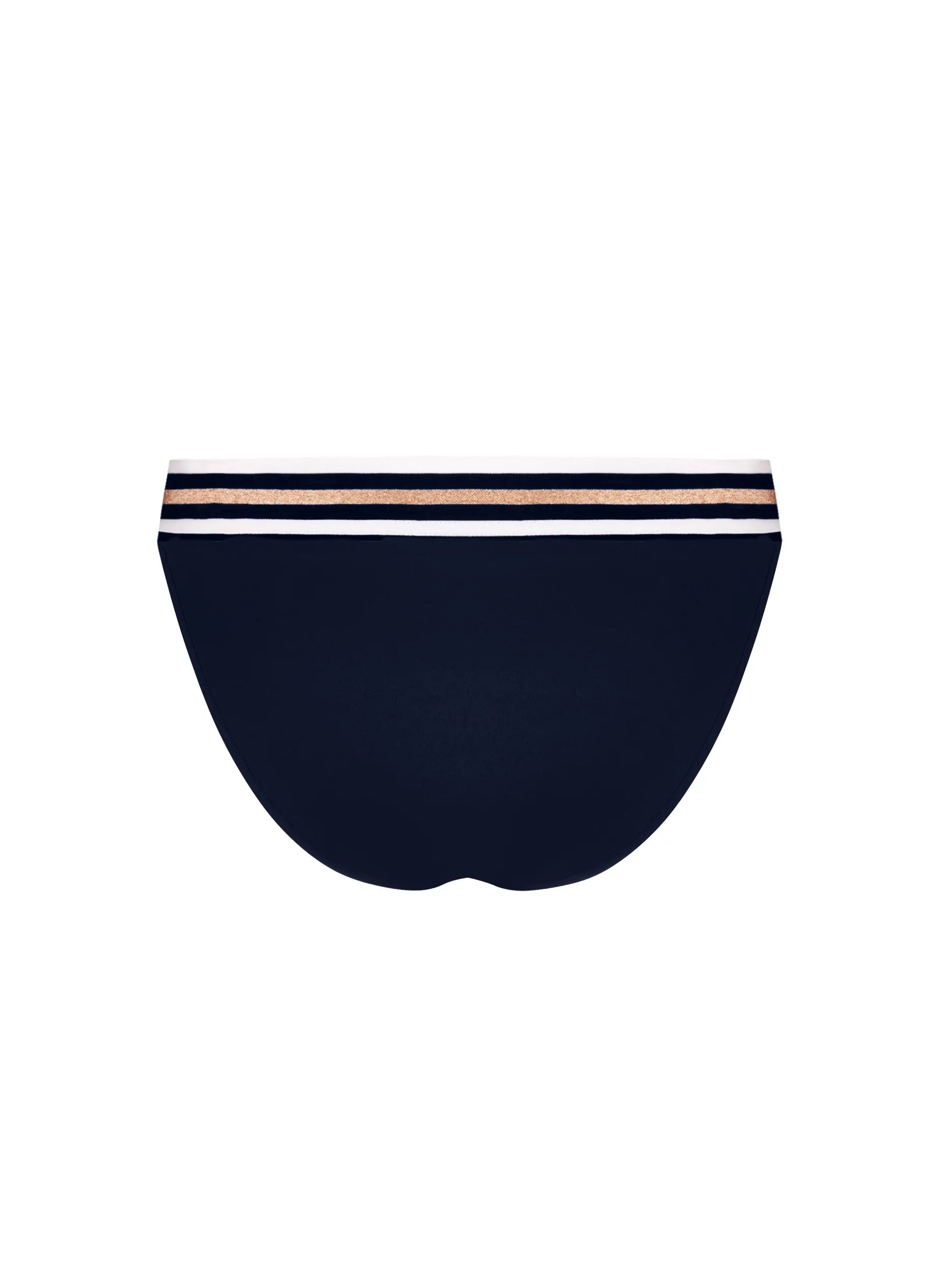 Low waist bottom in navy blue with gold and white stripes on the waist band