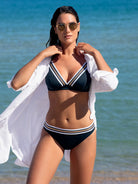 Fixed triangle top with a criss cross strapped back in navy blue with gold and white stripes