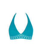 Teal triangle bikini top with lace detailing 