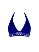 Fixed triangle top with lattice detail in the front and a clasp and thick halter ties in the back