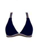 Fixed triangle top with a criss cross strapped back in navy blue with gold and white stripes