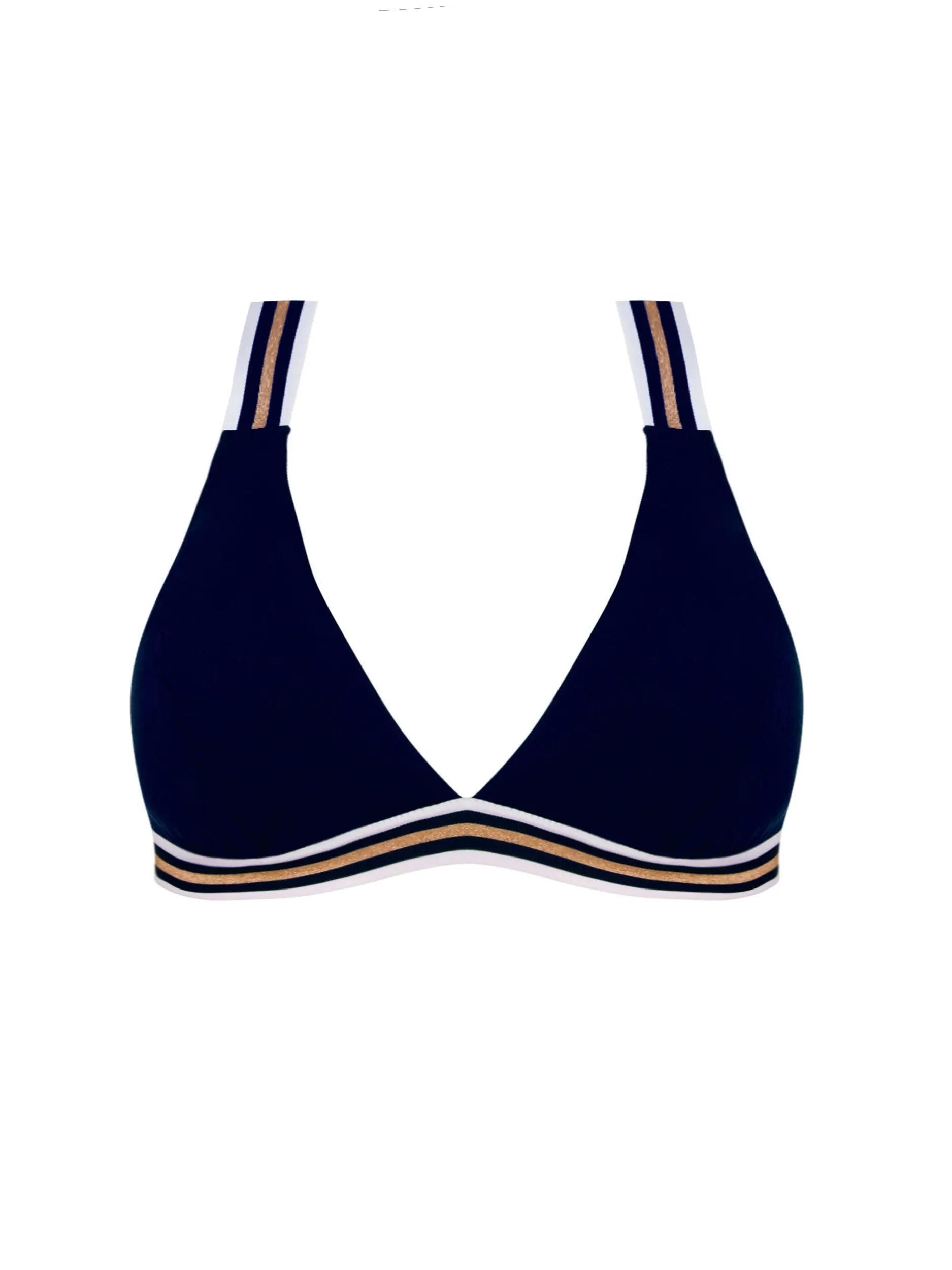Fixed triangle top with a criss cross strapped back in navy blue with gold and white stripes