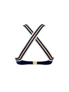 Fixed triangle top with a criss cross strapped back in navy blue with gold and white stripes