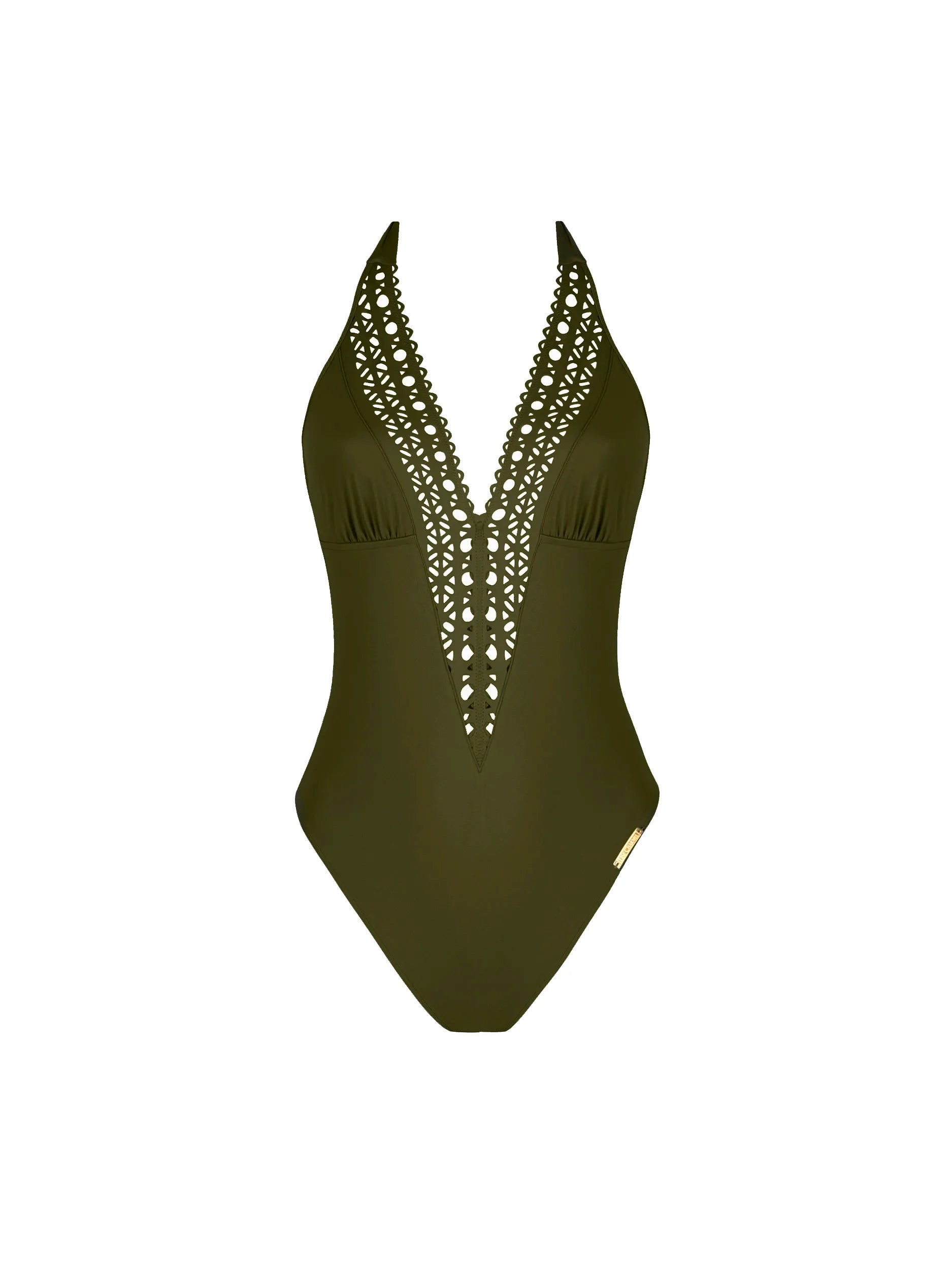 Dark green halter one piece with a plunging neckline