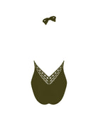 Dark green halter one piece with a plunging neckline