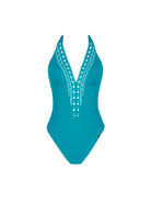Plunging teal one-piece swimsuit with decorative lattice detail