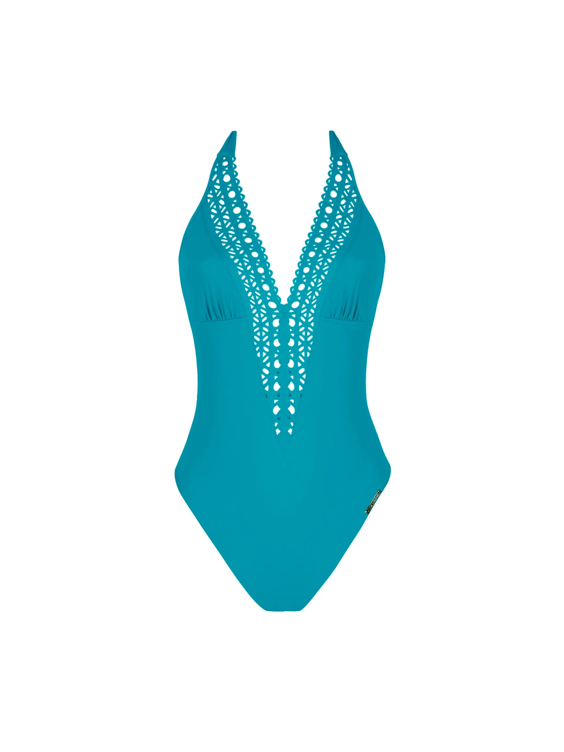 Plunging teal one-piece swimsuit with decorative lattice detail