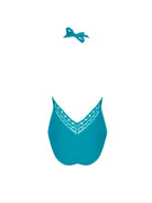 Plunging teal one-piece swimsuit with decorative lattice detail