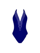 Plunging halter one piece with lattice trim and an open back
