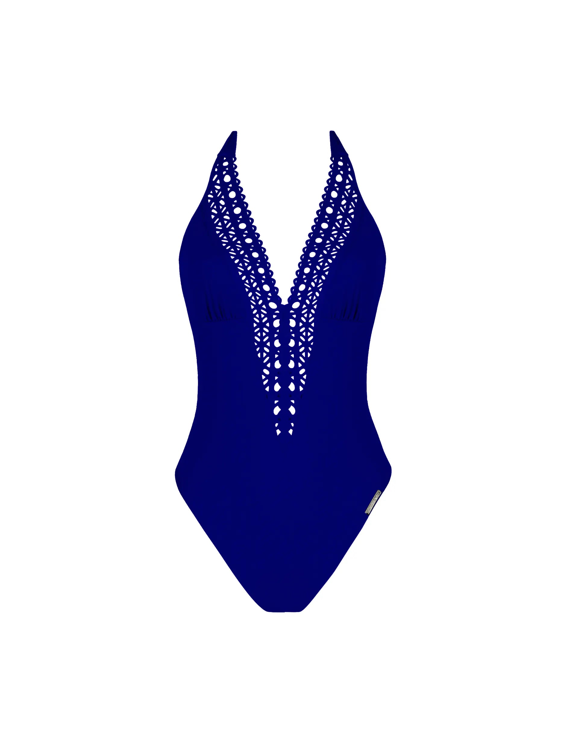 Plunging halter one piece with lattice trim and an open back