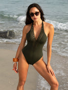 Dark Green Plunging Neck One Piece 