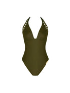 Dark green low back one piece with halter ties