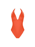 Light orange plunging one piece with halter ties