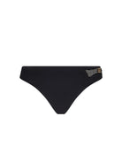 Black modest coverage bottom with wide sides and embellishment on the left side
