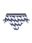 High waist bikini bottom with tie sides in navy and white print