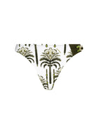 Palm tree print bikini bottom with decorative rings on the left side