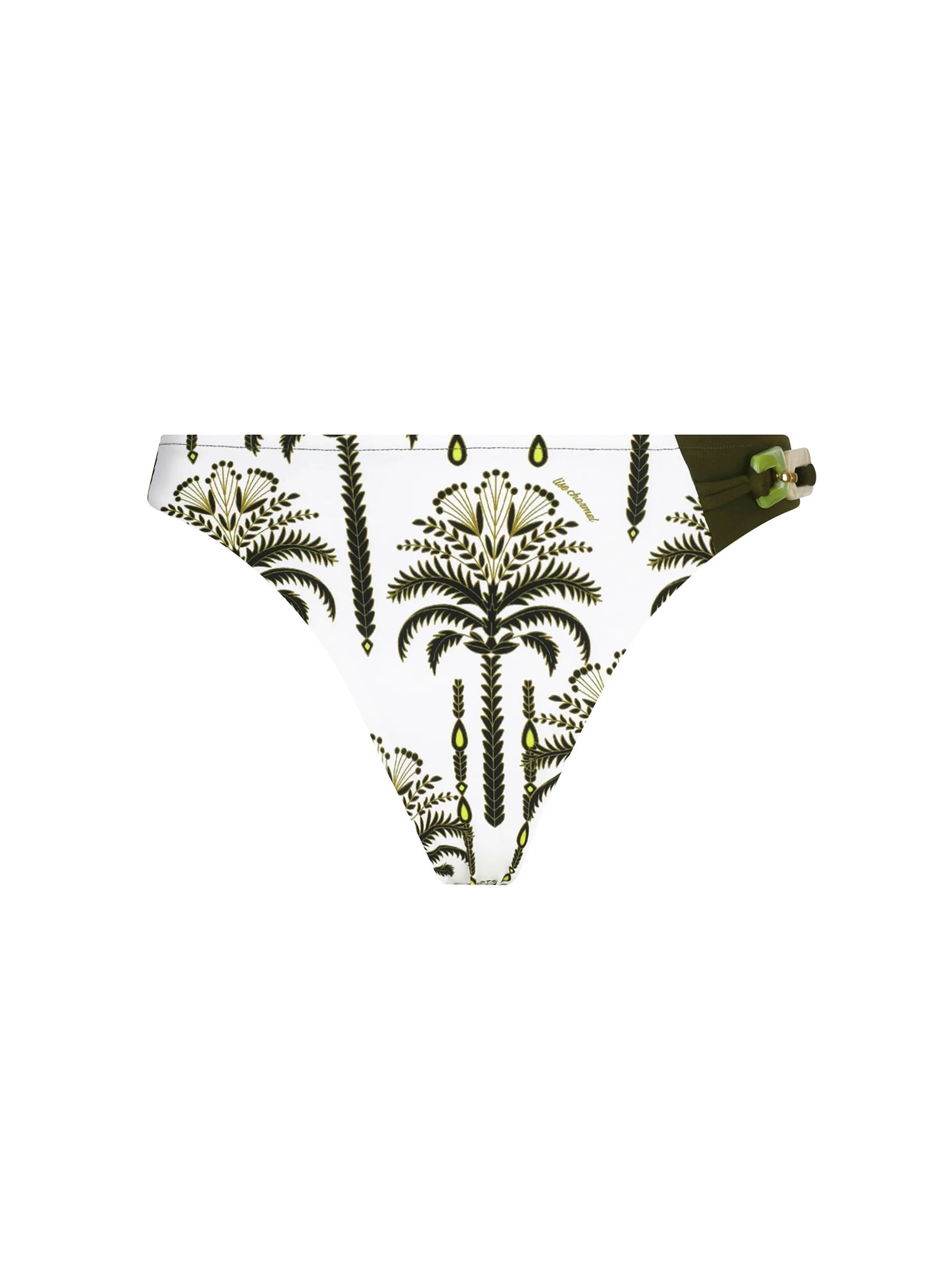 Palm tree print bikini bottom with decorative rings on the left side