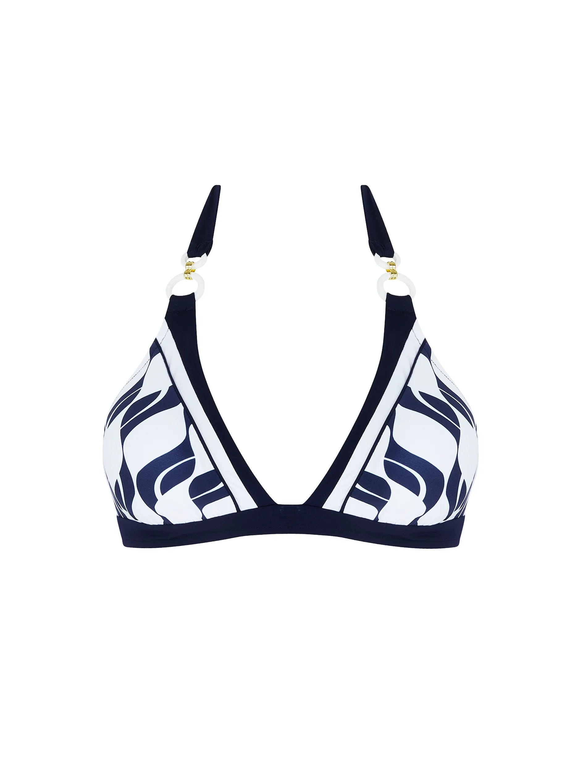 Fixed triangle top with decorative rings in navy and white print