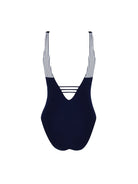 Plunging striped one piece with gold hardware in navy and white