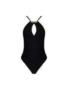 Black one piece with a front keyhole cutout and gold hardware