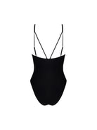 Black one piece with a front keyhole cutout and gold hardware