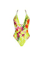 Plunging halter one piece with a low back in colorful floral print