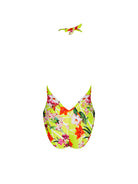 Plunging halter one piece with a low back in colorful floral print
