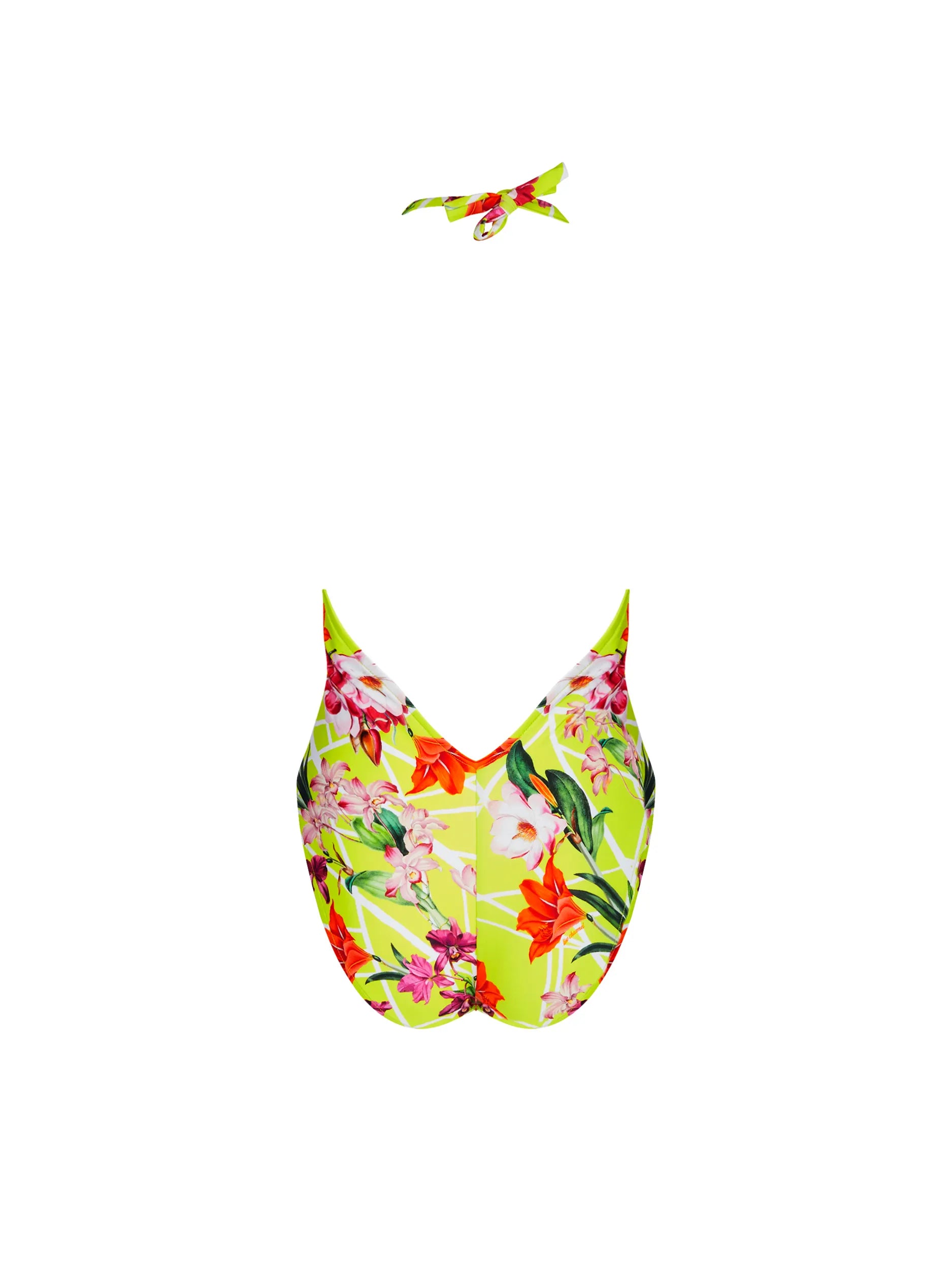 Plunging halter one piece with a low back in colorful floral print