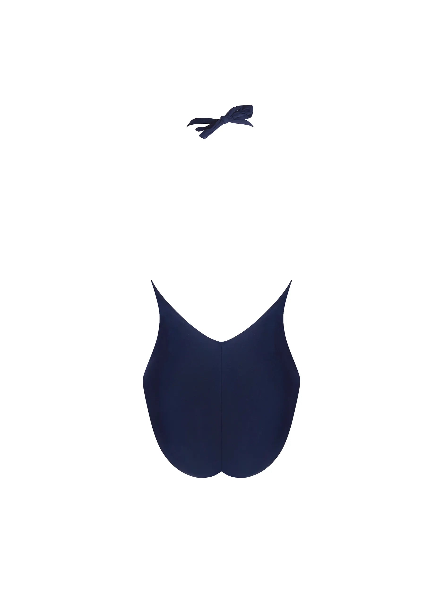 Halter one piece with plunging neckline and a low back in dark blue and white print