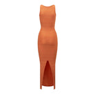 light orange fitted tank style maxi dress 