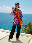 Open kimono with belt in multicolor print