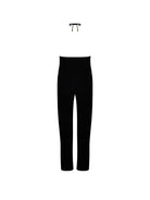 Sleeveless jumpsuit with a high neckline and keyhole cutout featuring gold hardware and a halter tie. Available in Black