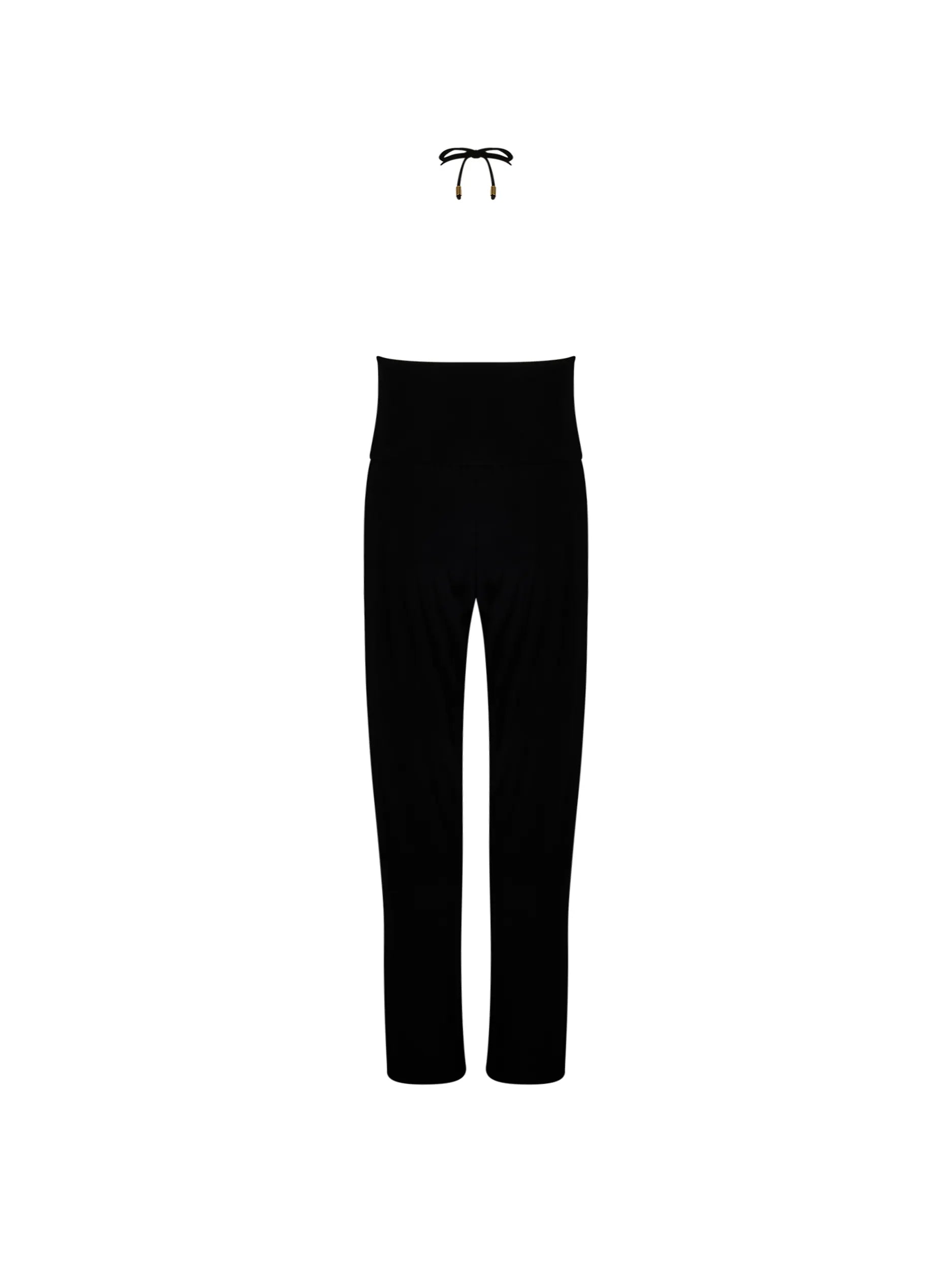 Sleeveless jumpsuit with a high neckline and keyhole cutout featuring gold hardware and a halter tie. Available in Black